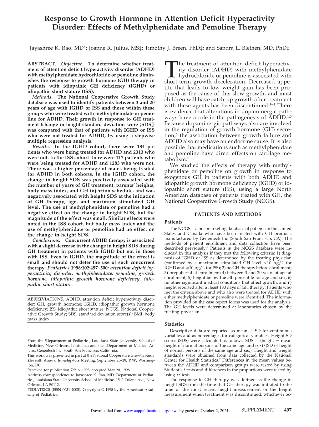 Response to Growth Hormone in Attention Deficit Hyperactivity Disorder: Effects of Methylphenidate and Pemoline Therapy