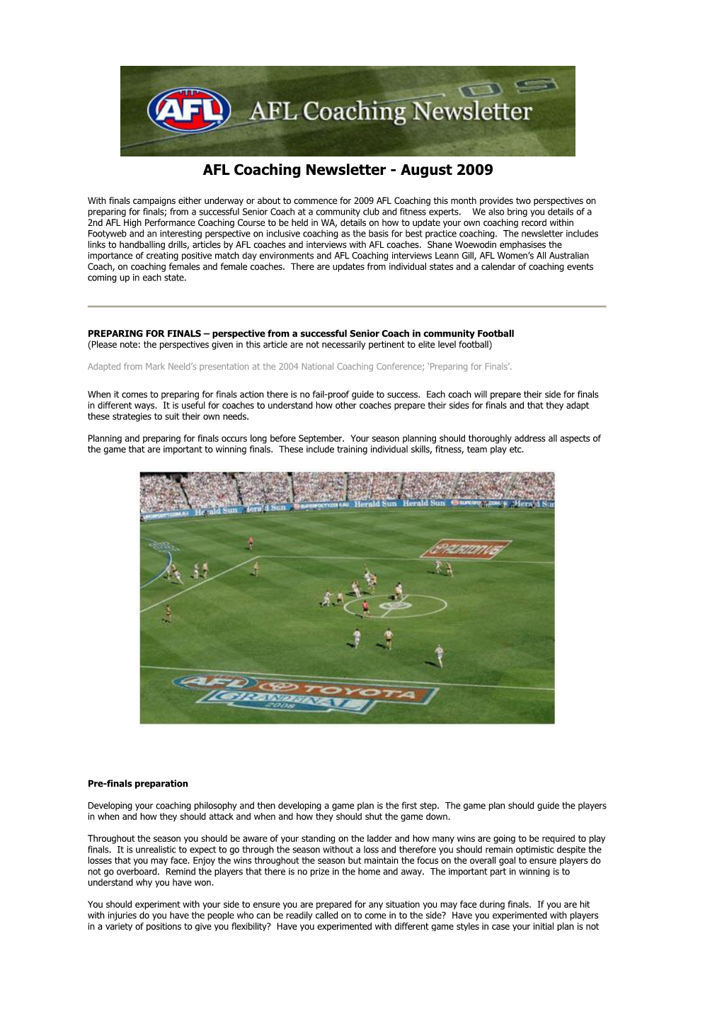 AFL Coaching Newsletter - August 2009