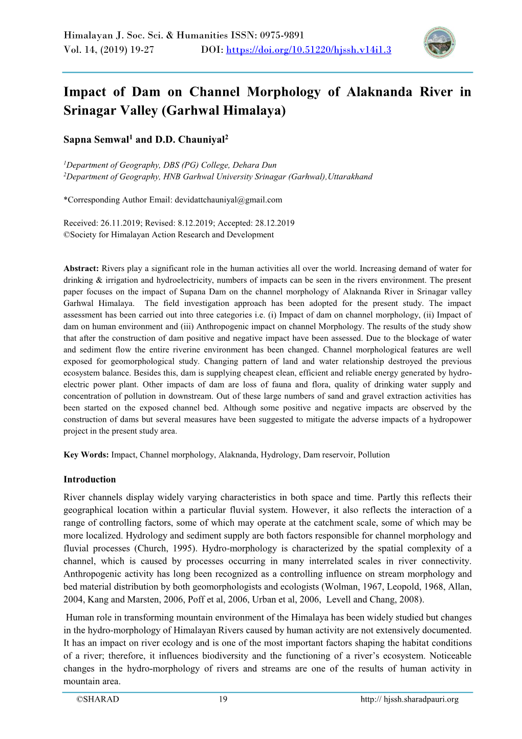 Impact of Dam on Channel Morphology of Alaknanda River in Srinagar Valley (Garhwal Himalaya)