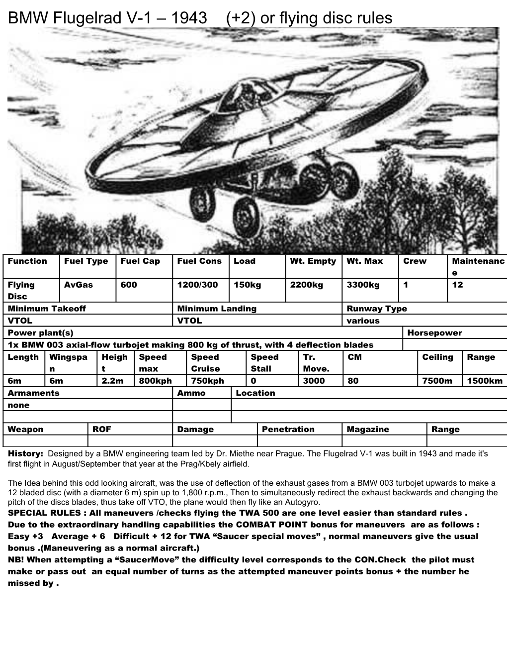 BMW Flugelrad V-1 1943 (+2) Or Flying Disc Rules