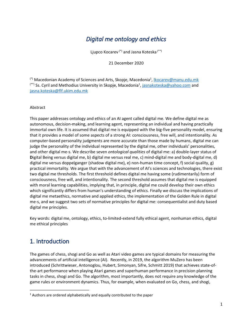 Digital Me Ontology and Ethics 1. Introduction