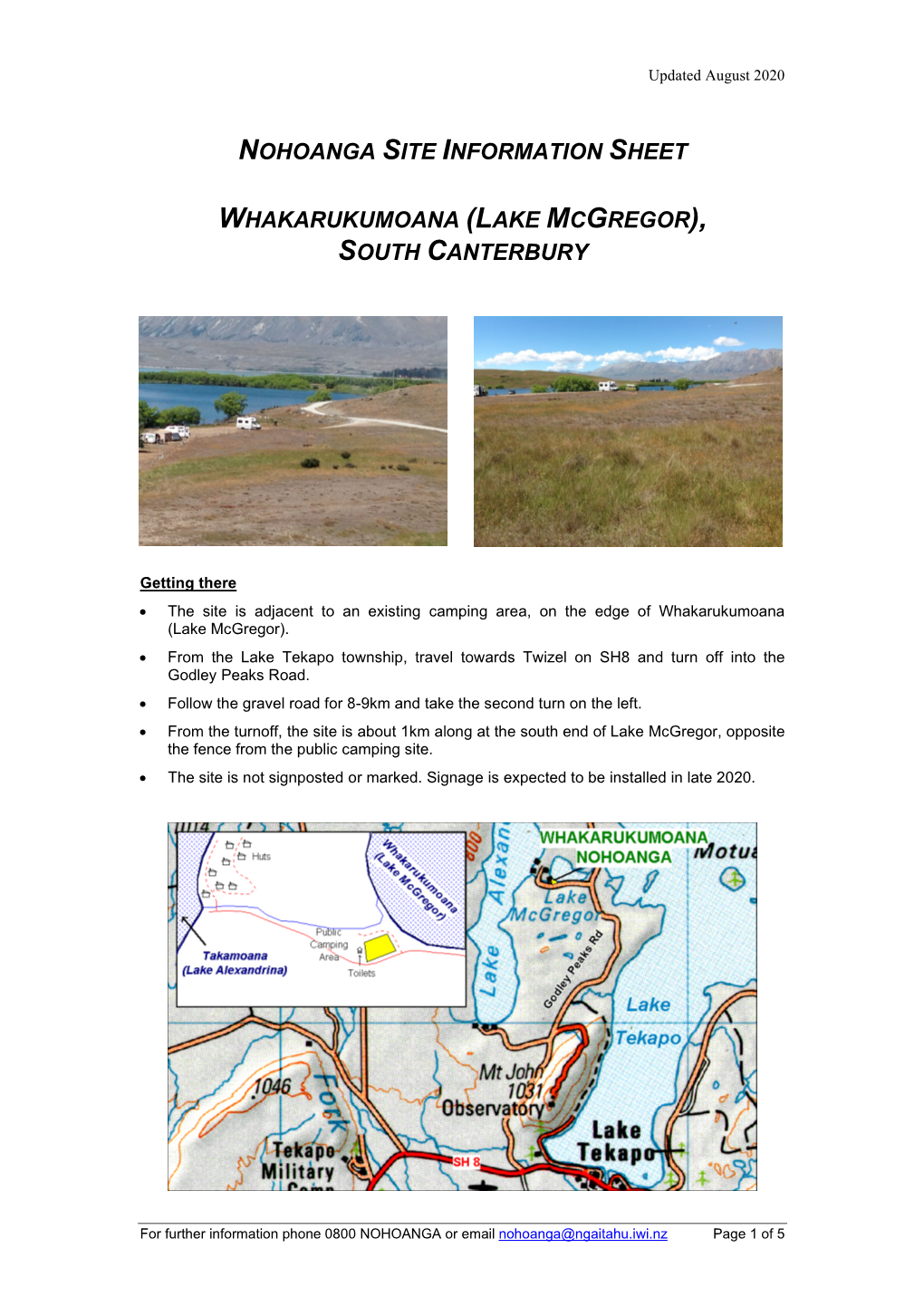 Nohoanga Site Information Sheet Whakarukumoana (Lake Mcgregor)