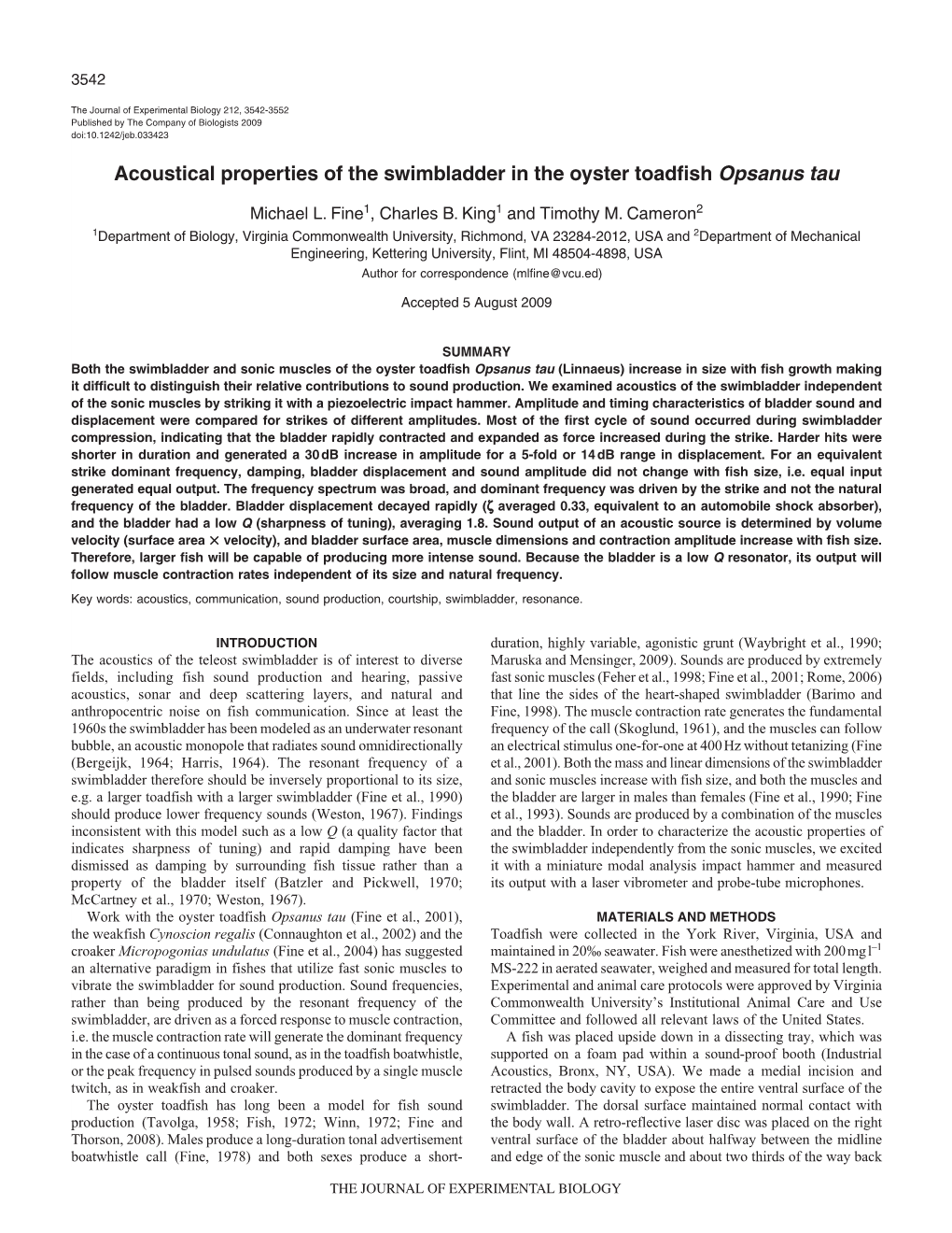 Acoustical Properties of the Swimbladder in the Oyster Toadfish Opsanus Tau