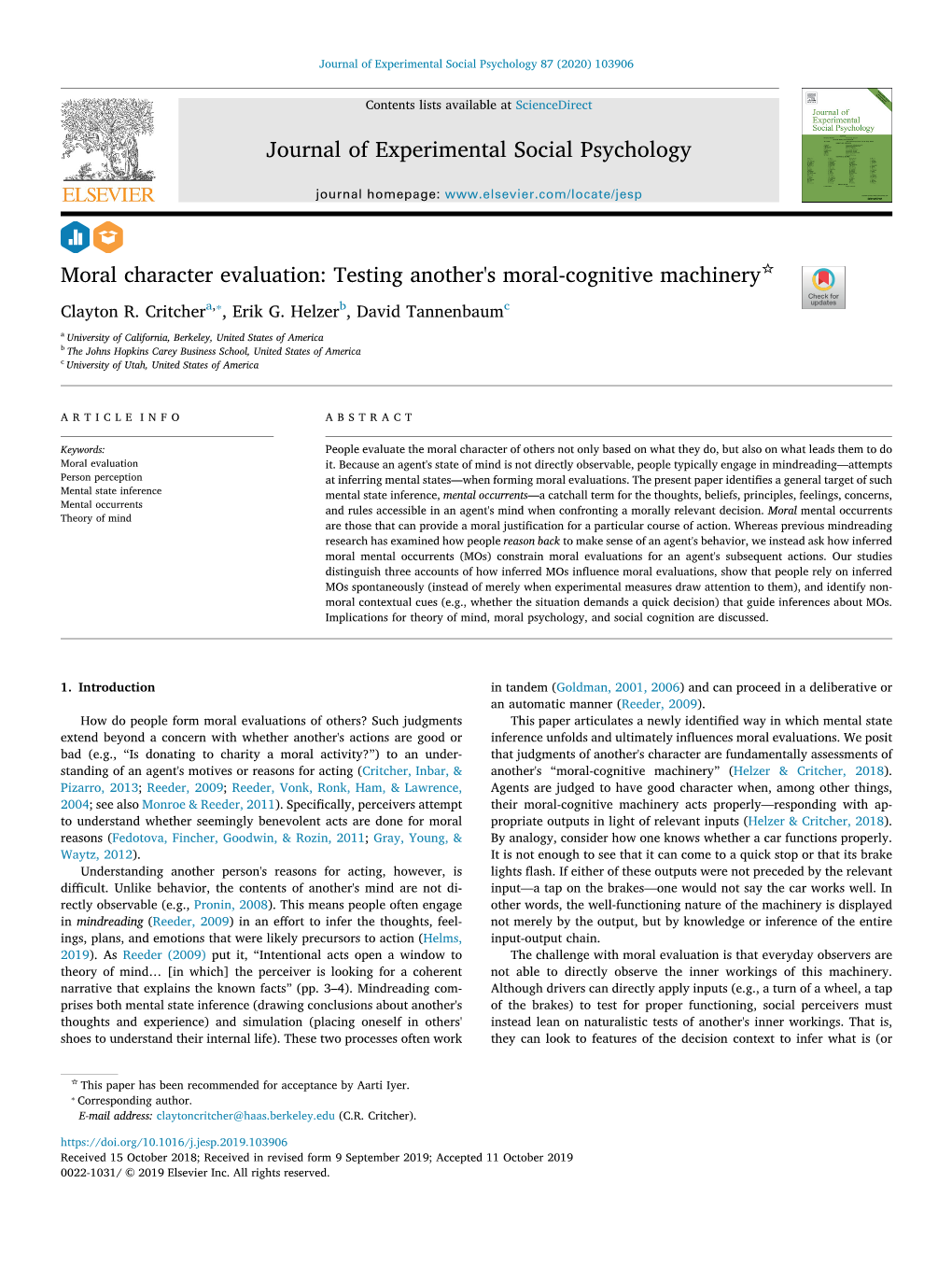 Moral Character Evaluation: Testing Another's Moral-Cognitive Machinery T ⁎ Clayton R