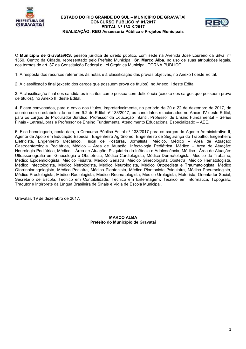 MUNICÍPIO DE GRAVATAÍ CONCURSO PÚBLICO N° 01/2017 EDITAL Nº 133-K/2017 REALIZAÇÃO: RBO Assessoria Pública E Projetos Municipais