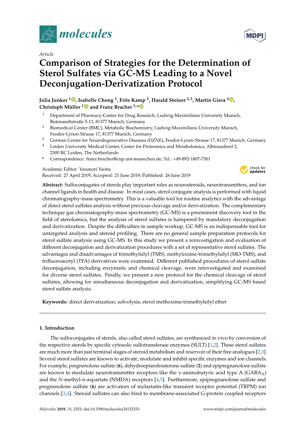 Comparison of Strategies for the Determination of Sterol Sulfates Via GC-MS Leading to a Novel Deconjugation-Derivatization Protocol