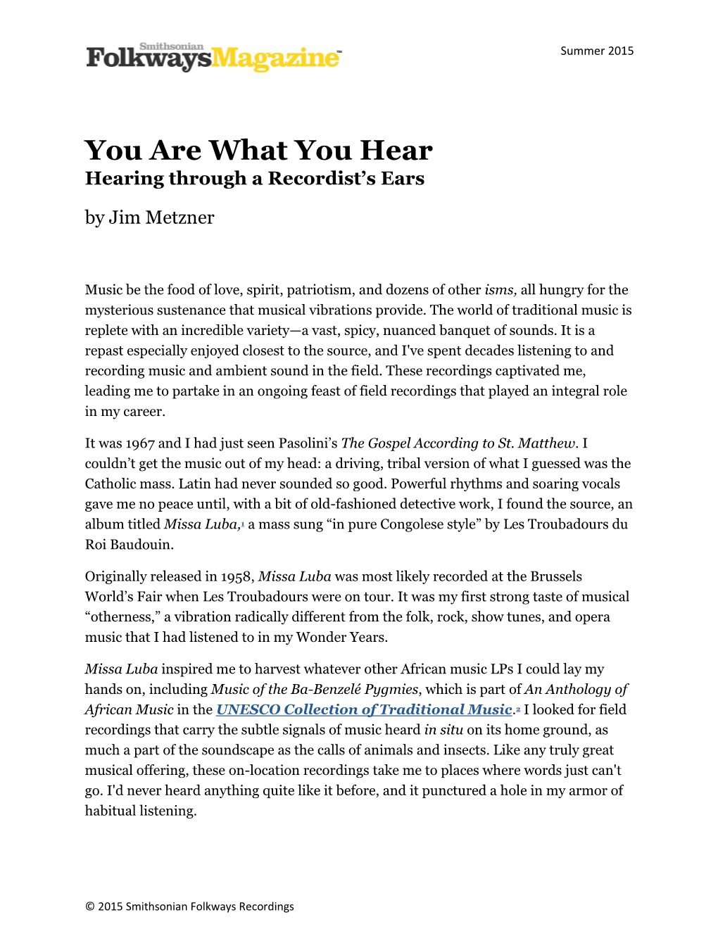 You Are What You Hear Hearing Through a Recordist’S Ears by Jim Metzner