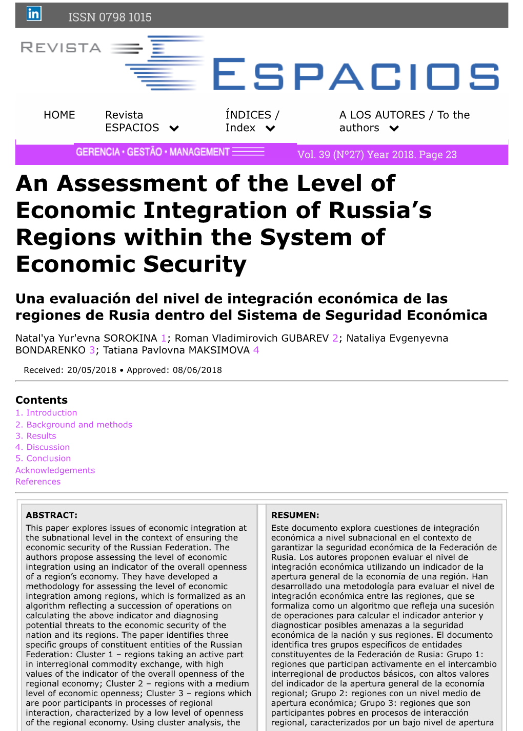 An Assessment of the Level of Economic Integration of Russia's