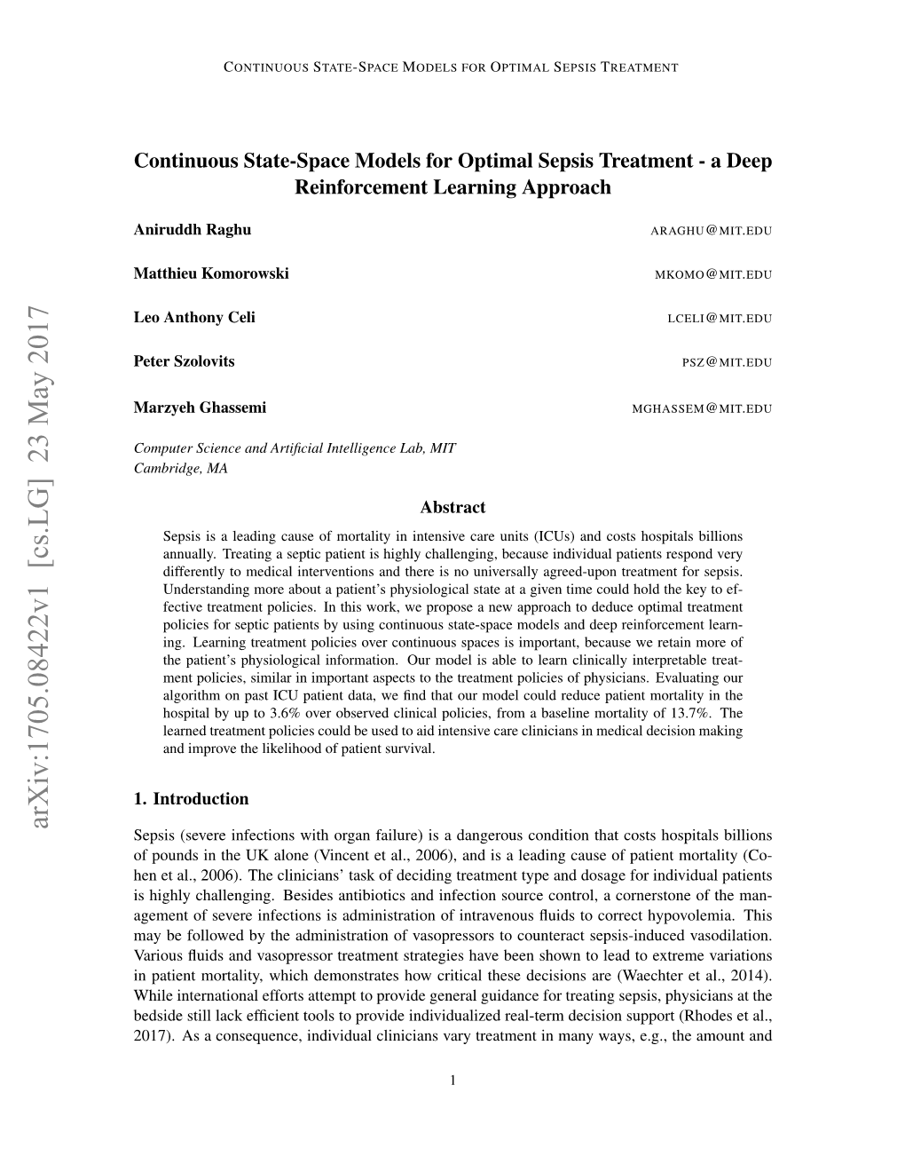 Continuous State-Space Models for Optimal Sepsis Treatment-A Deep Reinforcement Learning Approach