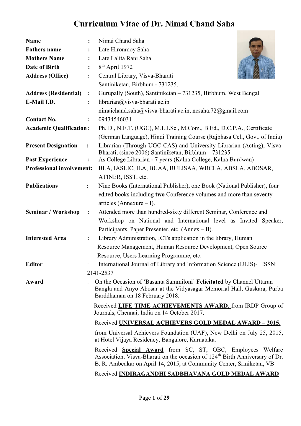 Curriculum Vitae of Dr. Nimai Chand Saha