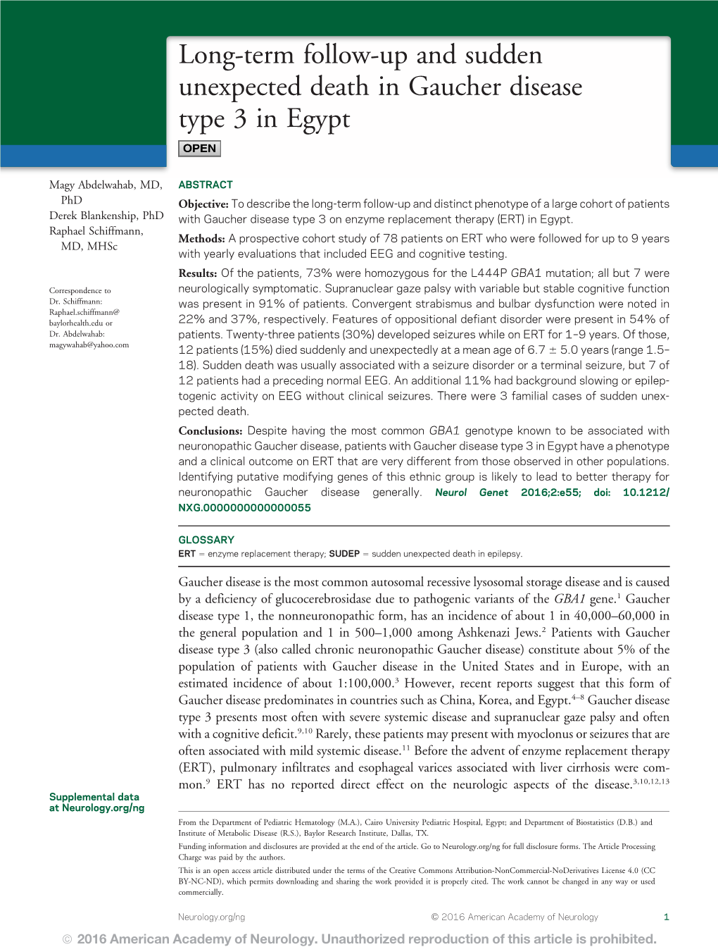 Long-Term Follow-Up and Sudden Unexpected Death in Gaucher Disease Type 3 in Egypt