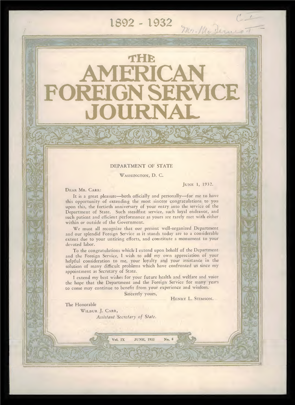 The Foreign Service Journal, June 1932