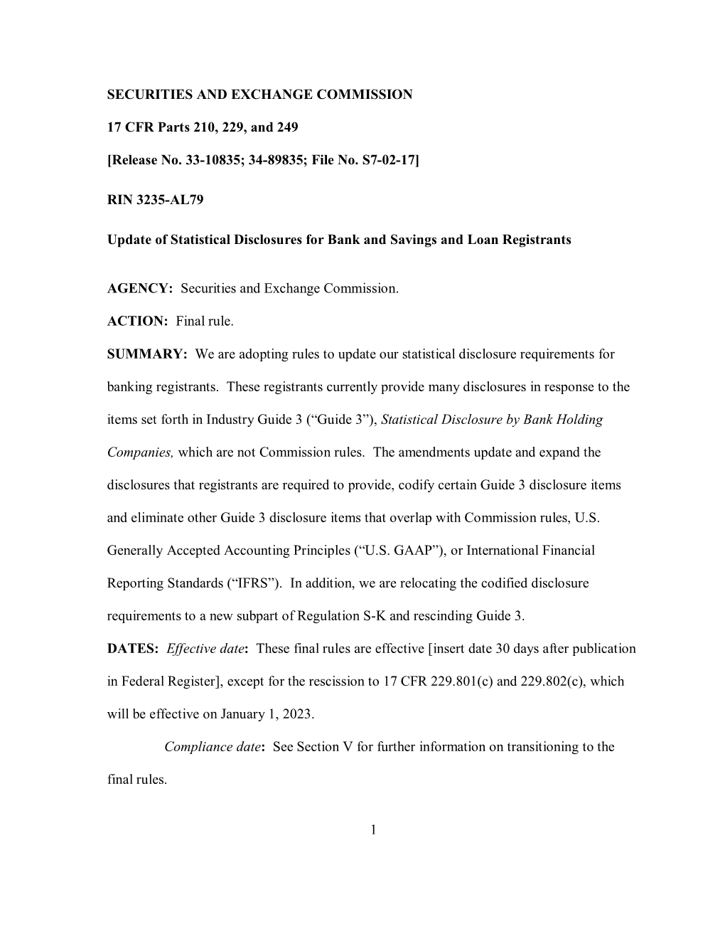 Final Rule: Update of Statistical Disclosures for Bank and Savings