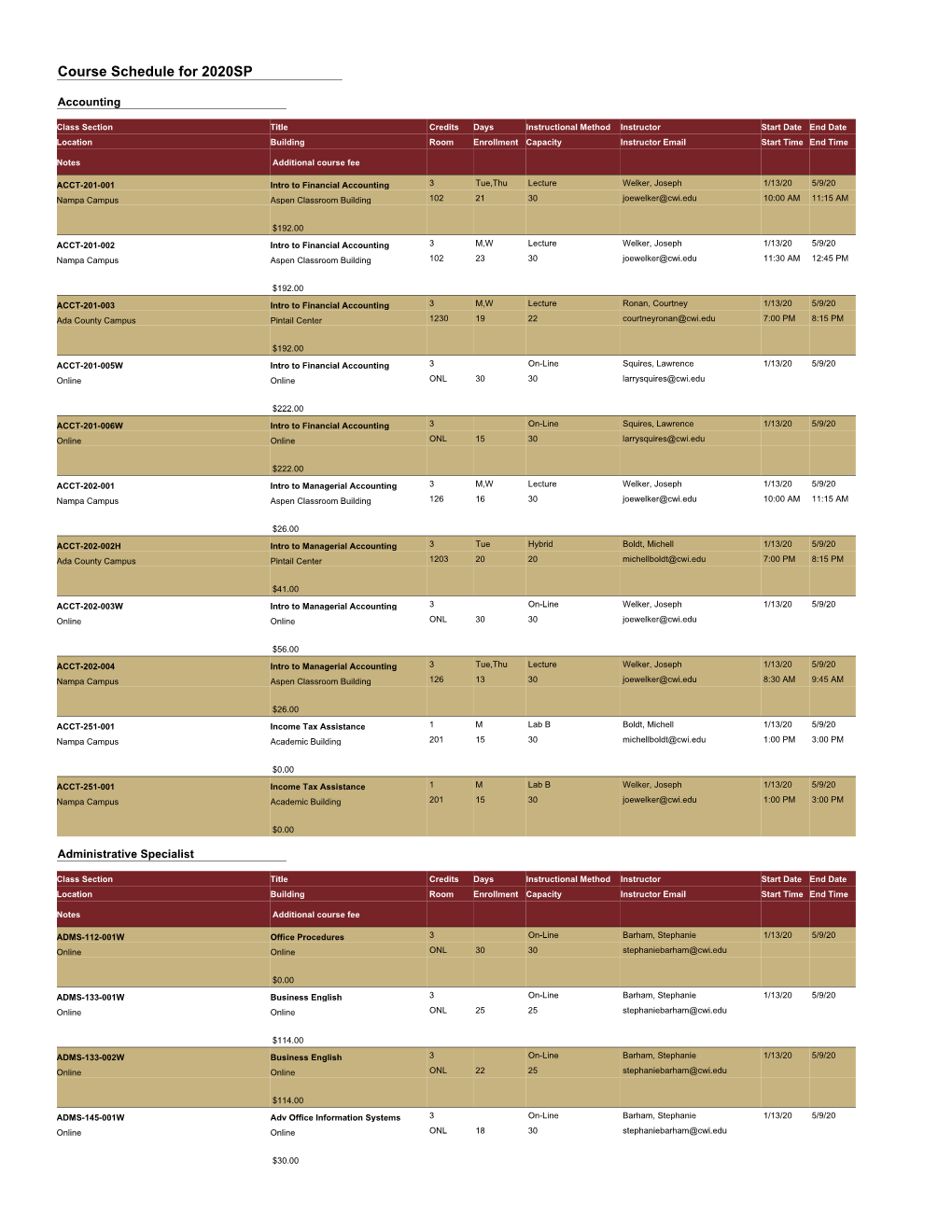 Spring 2020 Class Schedule