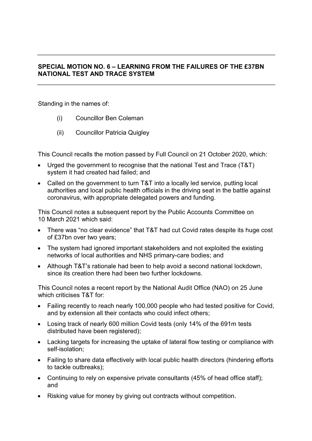 Special Motion No. 6 – Learning from the Failures of the £37Bn National Test and Trace System