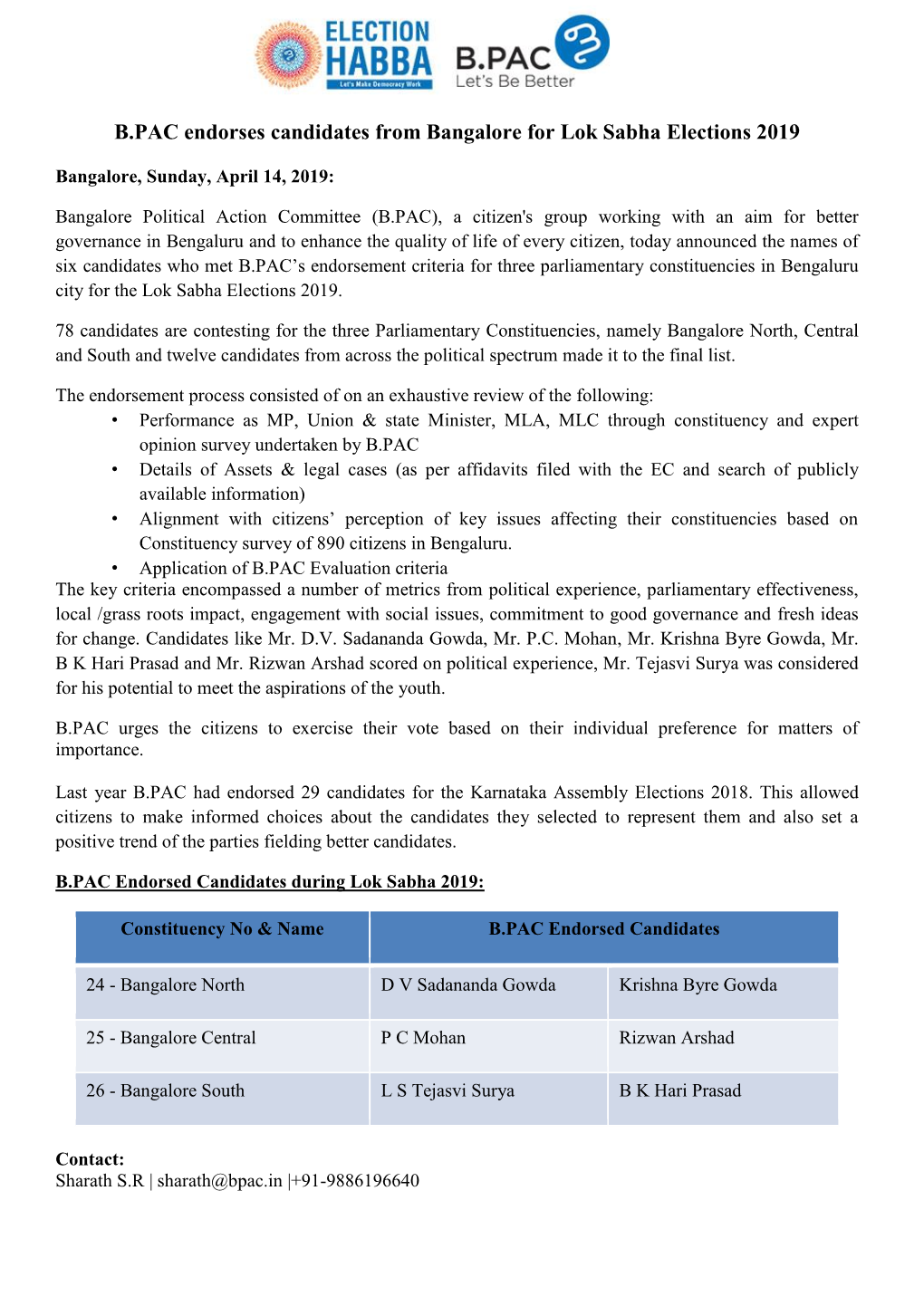 B.PAC Endorses Candidates from Bangalore for Lok Sabha Elections 2019