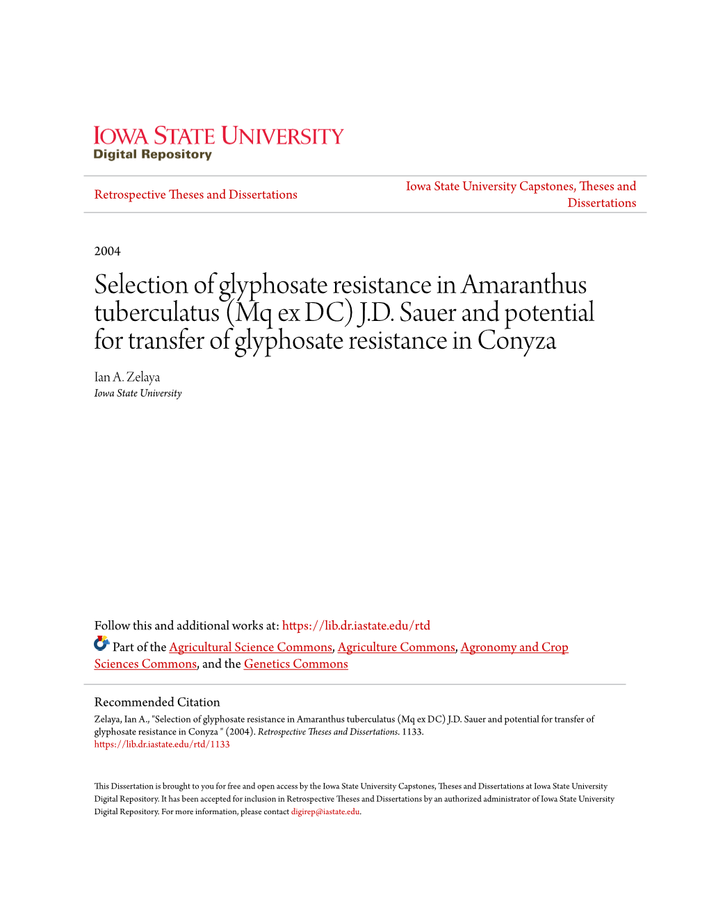 Selection of Glyphosate Resistance in Amaranthus Tuberculatus (Mq Ex DC) J.D