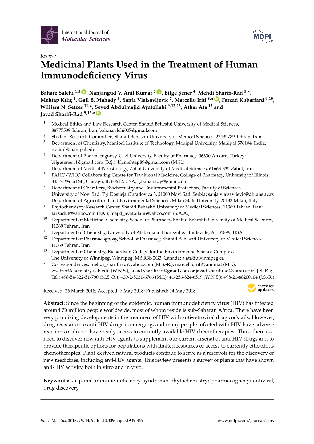 Medicinal Plants Used in the Treatment of Human Immunodeﬁciency Virus