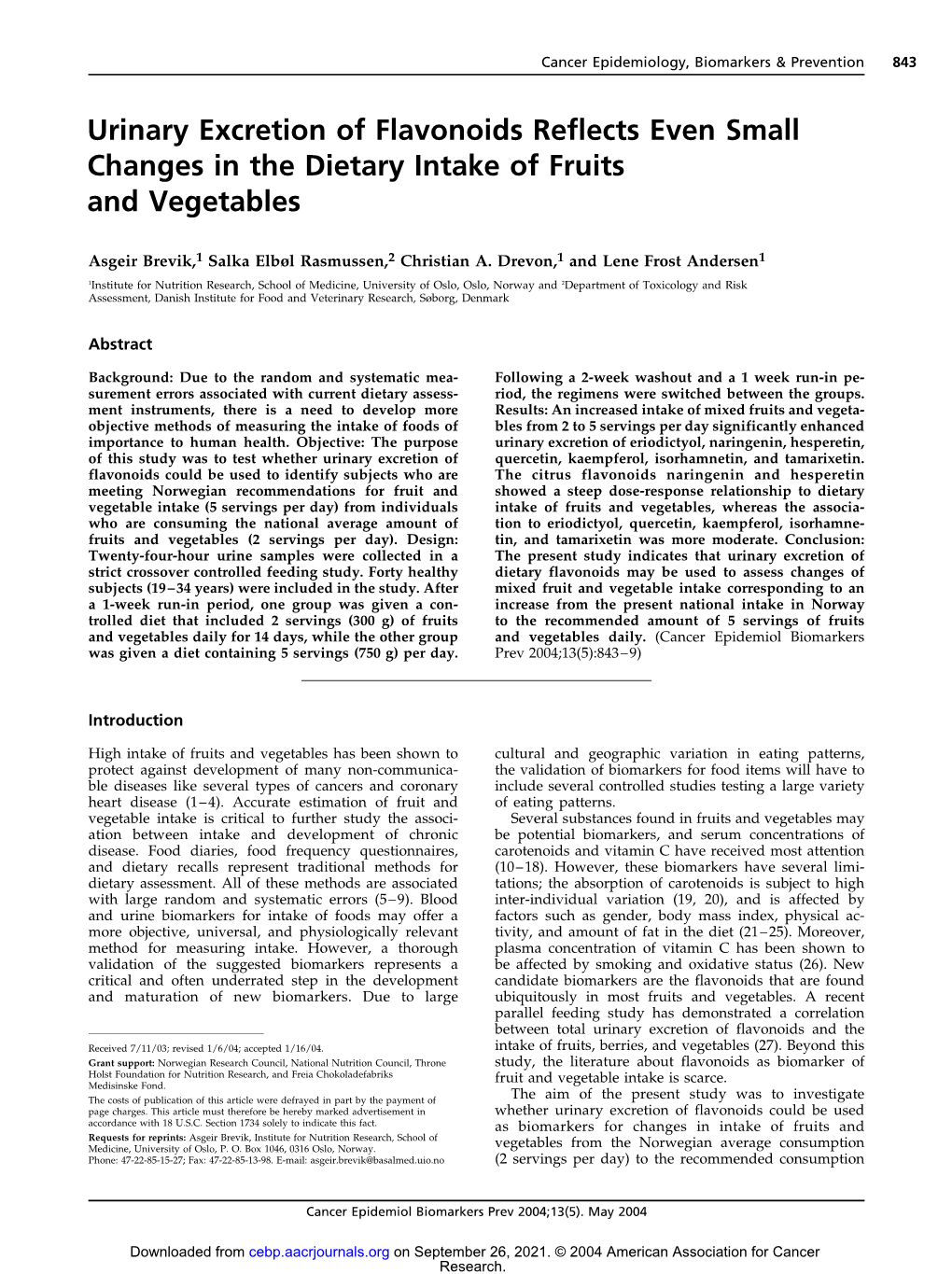 Urinary Excretion of Flavonoids Reflects Even Small Changes in the Dietary Intake of Fruits and Vegetables