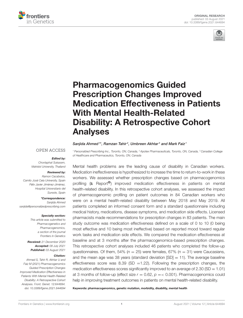 Pharmacogenomics Guided Prescription Changes Improved Medication Effectiveness in Patients with Mental Health-Related Disability: a Retrospective Cohort Analyses