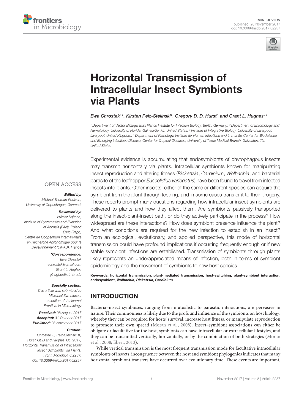 Horizontal Transmission of Intracellular Insect Symbionts Via Plants