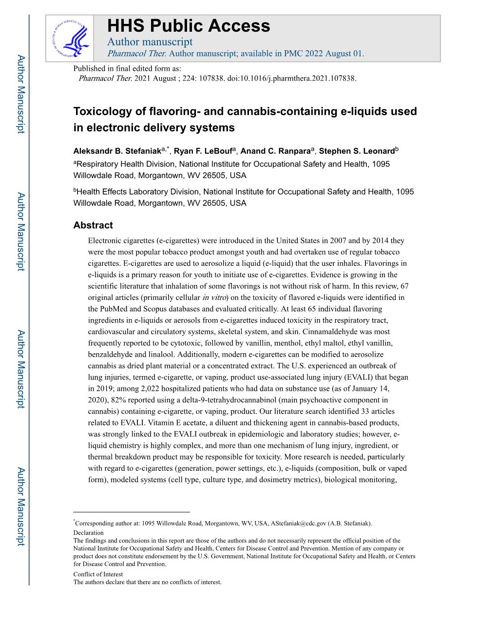 Toxicology of Flavoring- and Cannabis-Containing E-Liquids Used in Electronic Delivery Systems