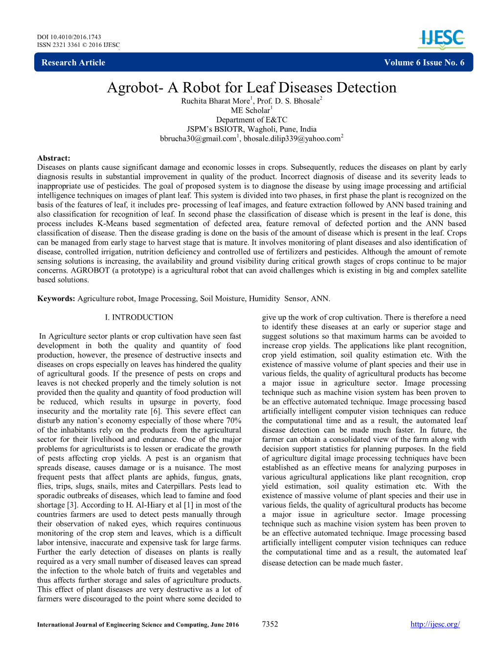 Agrobot- a Robot for Leaf Diseases Detection 1 2 Ruchita Bharat More , Prof