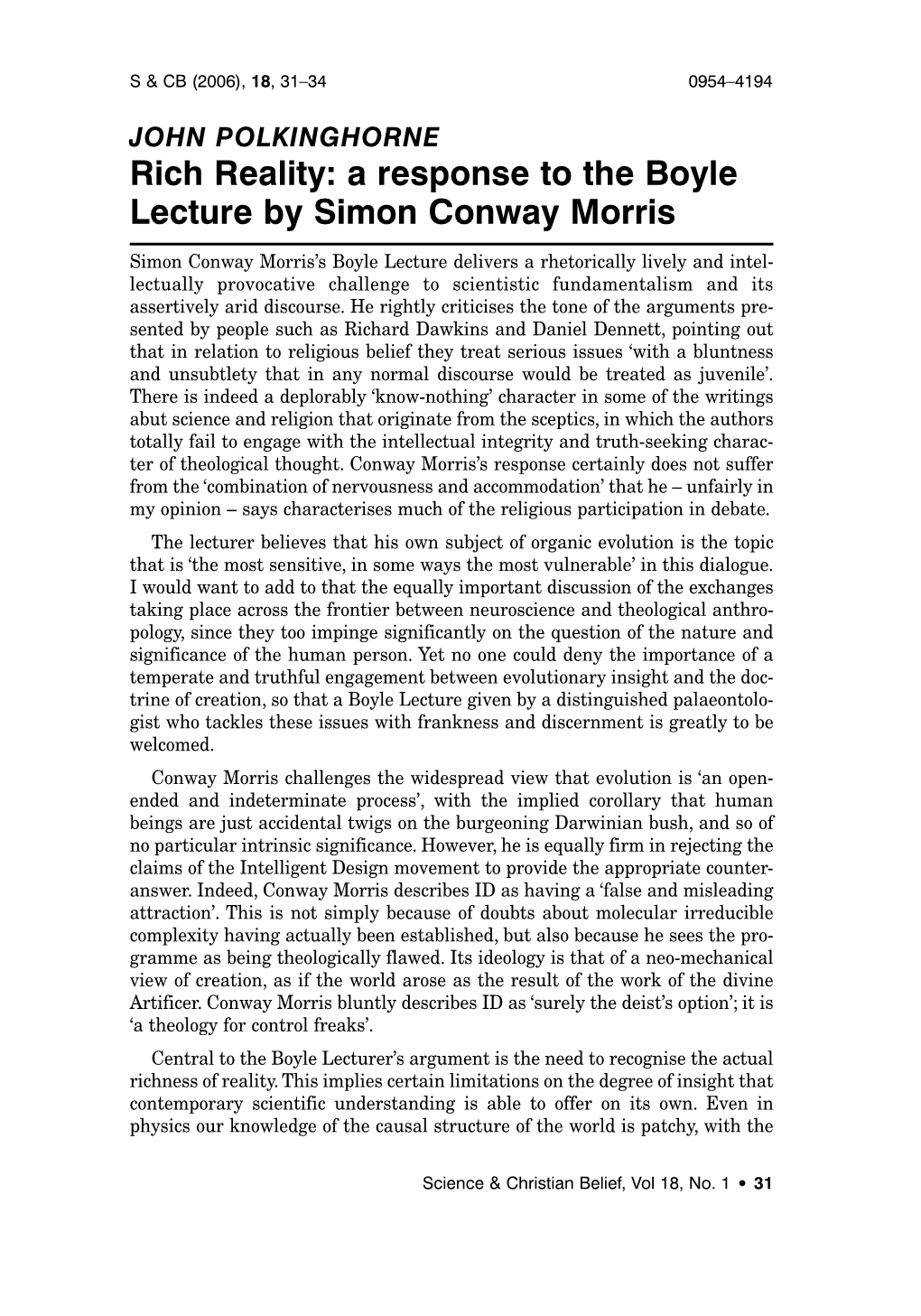 A Response to the Boyle Lecture by Simon Conway Morris