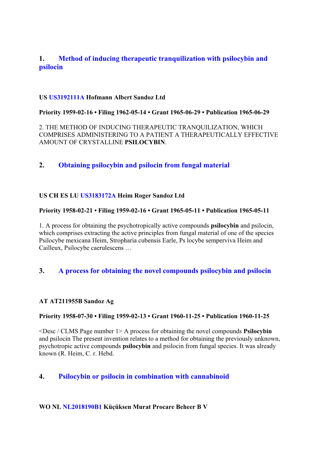 Psilocybin-Patents