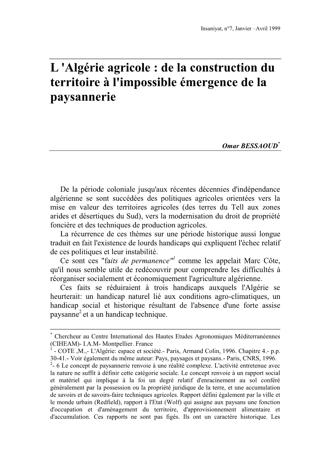 'Algérie Agricole : De La Construction Du Territoire À L'impossible Émergence De La Paysannerie