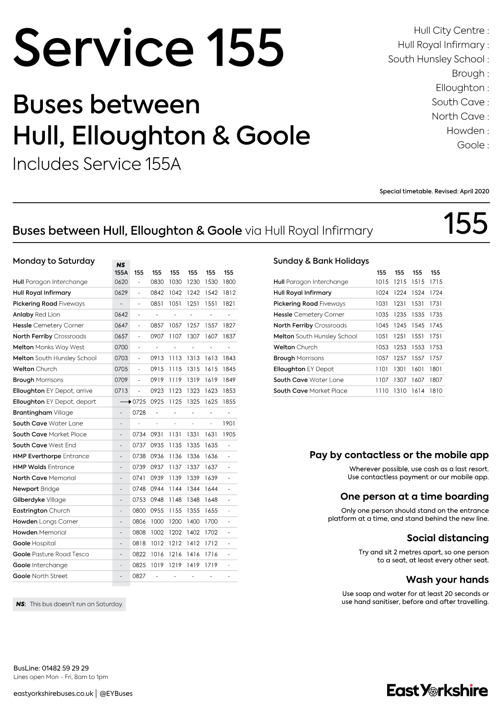 Service 155 Brough : Elloughton : South Cave : Buses Between North Cave : Howden : Hull, Elloughton & Goole Goole : Includes Service 155A