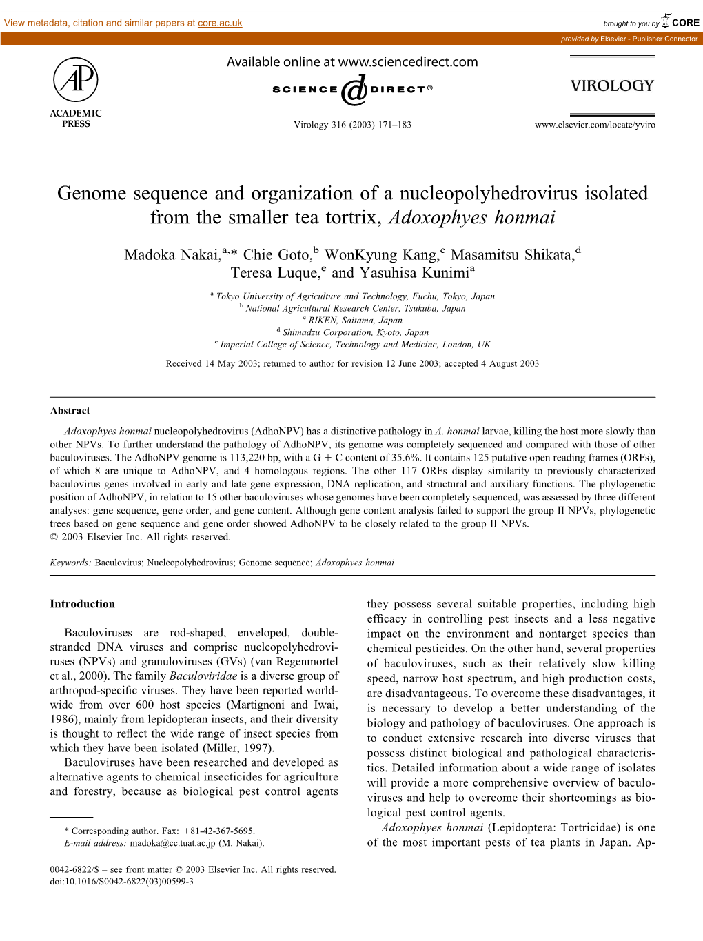 Genome Sequence and Organization of a Nucleopolyhedrovirus Isolated from the Smaller Tea Tortrix, Adoxophyes Honmai