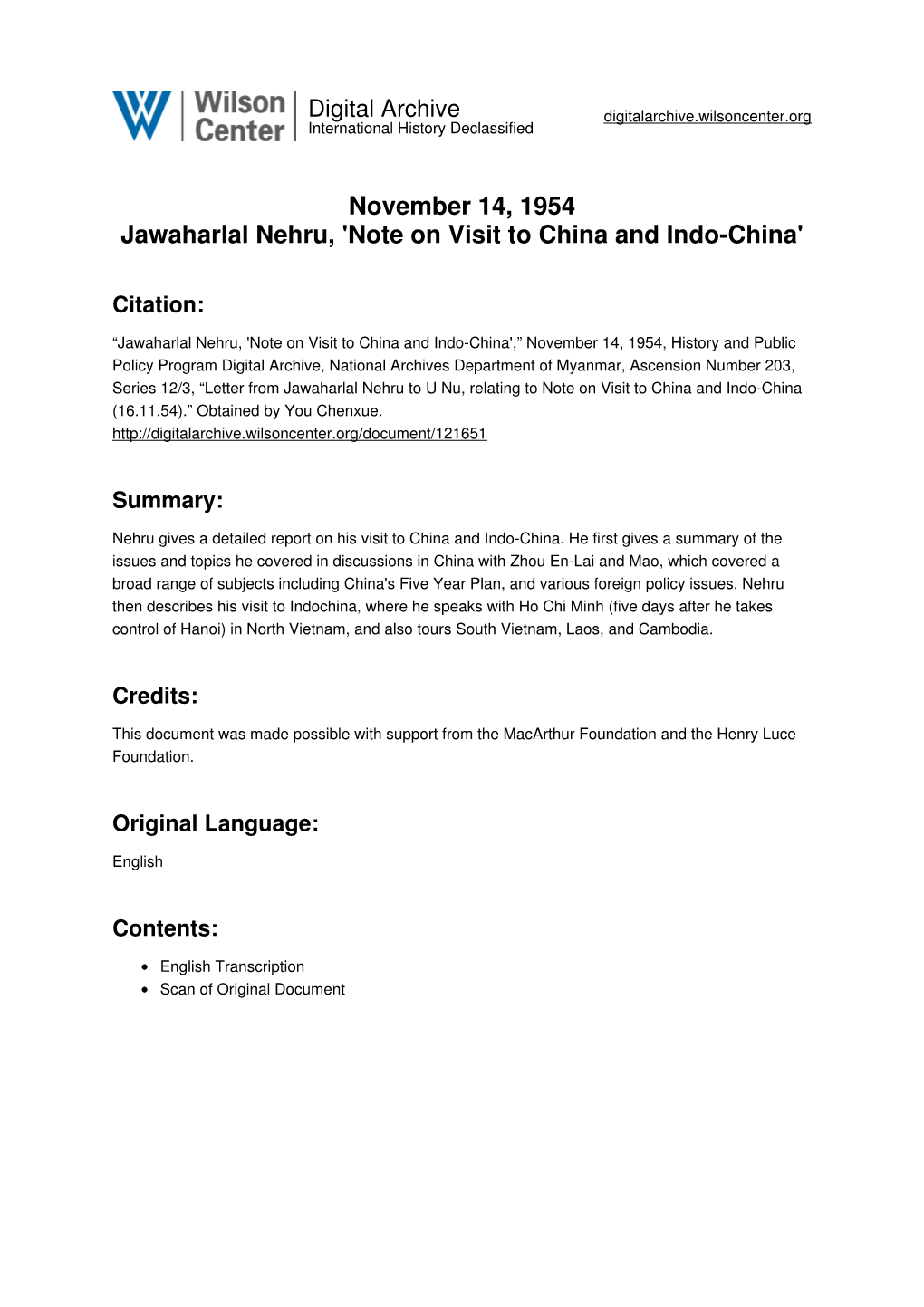 November 14, 1954 Jawaharlal Nehru, 'Note on Visit to China and Indo-China'