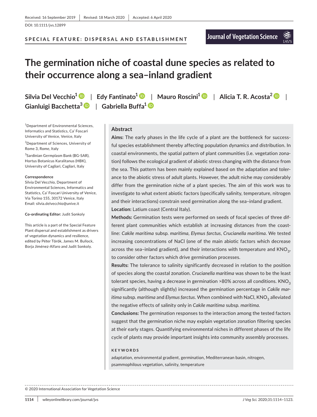 The Germination Niche of Coastal Dune Species As Related to Their Occurrence Along a Sea–Inland Gradient