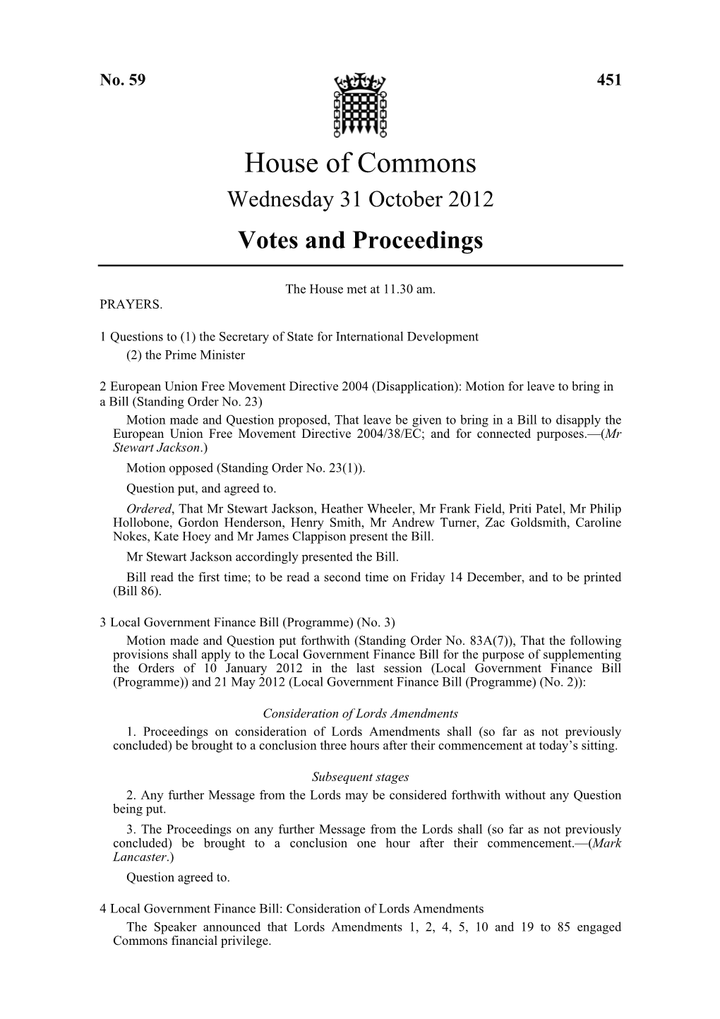 House of Commons Wednesday 31 October 2012 Votes and Proceedings