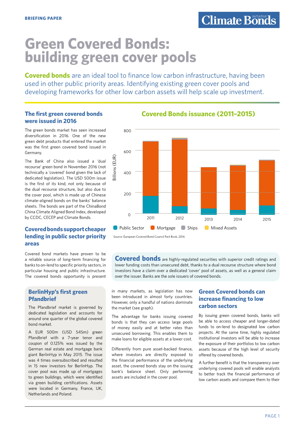 Green Covered Bonds: Building Green Cover Pools Covered Bonds Are an Ideal Tool to Finance Low Carbon Infrastructure, Having Been Used in Other Public Priority Areas