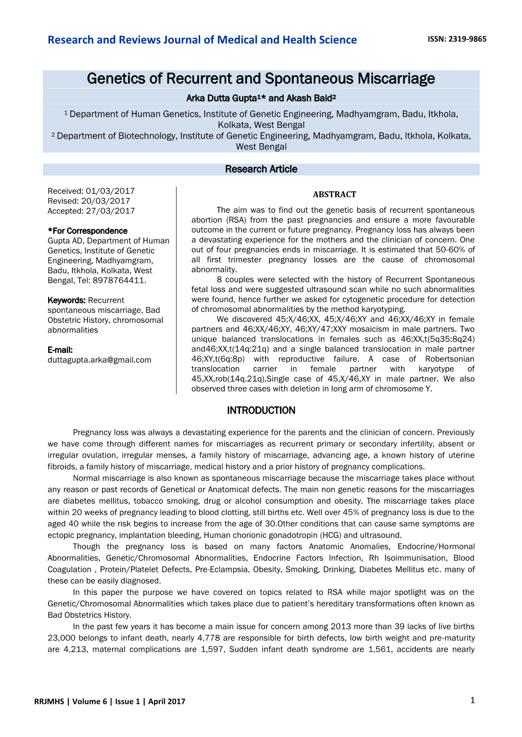 Genetics of Recurrent and Spontaneous Miscarriage