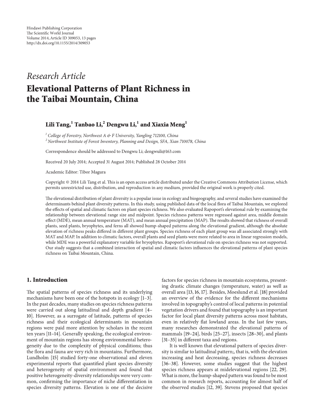 Elevational Patterns of Plant Richness in the Taibai Mountain, China