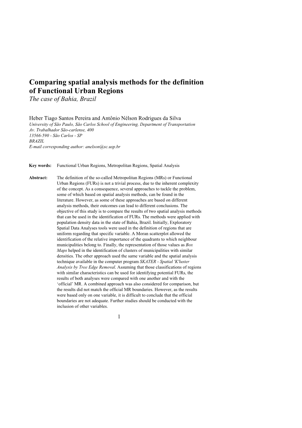 Comparing Spatial Analysis Methods for the Definition of Functional Urban Regions the Case of Bahia, Brazil