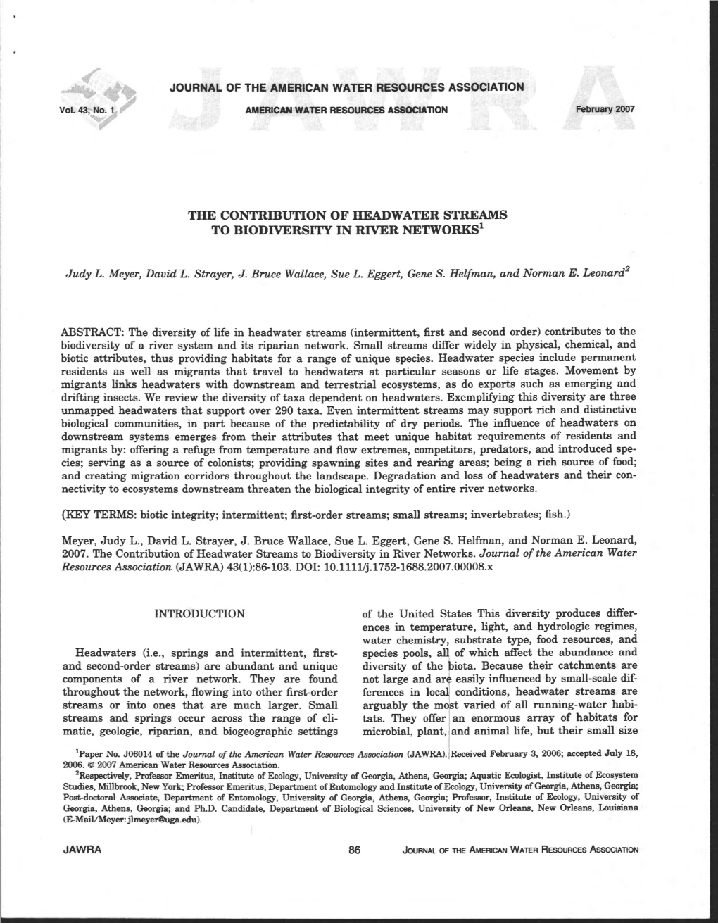 THE CONTRIBUTION of HEADWATER STREAMS to BIODIVERSITY in RIVER Networksl