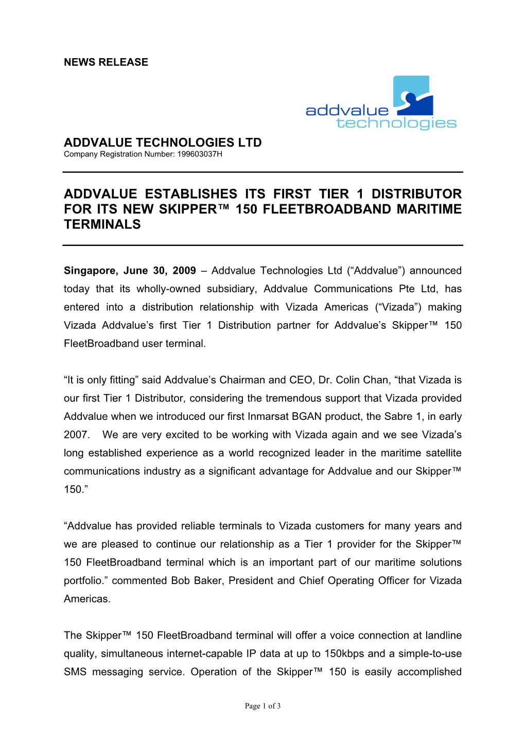 Addvalue Establishes Its First Tier 1 Distributor for Its New Skipper™ 150 Fleetbroadband Maritime Terminals