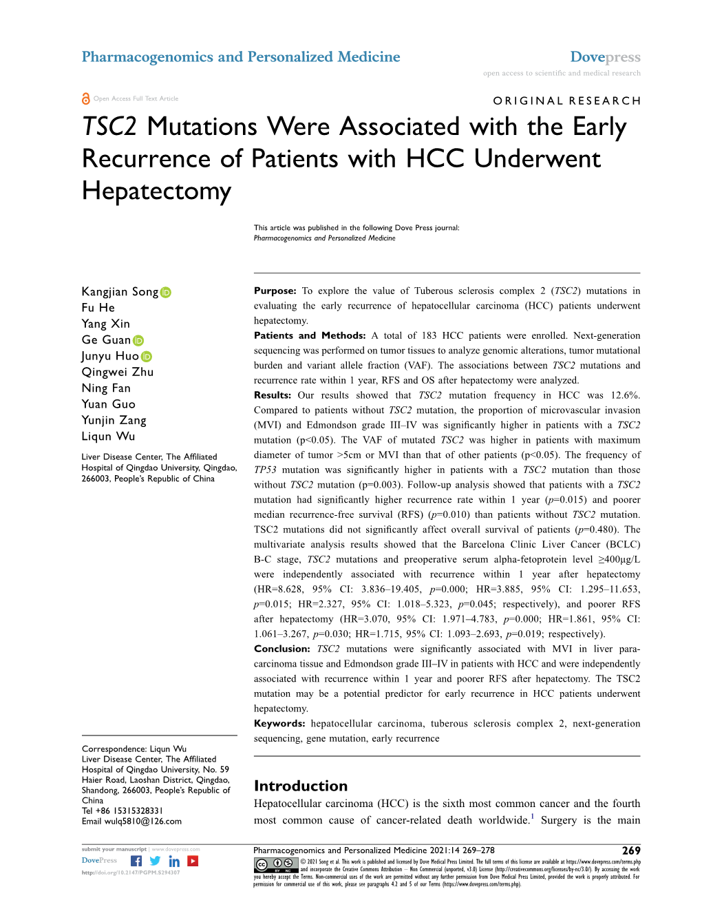 TSC2 Mutations Were Associated with the Early Recurrence of Patients with HCC Underwent Hepatectomy