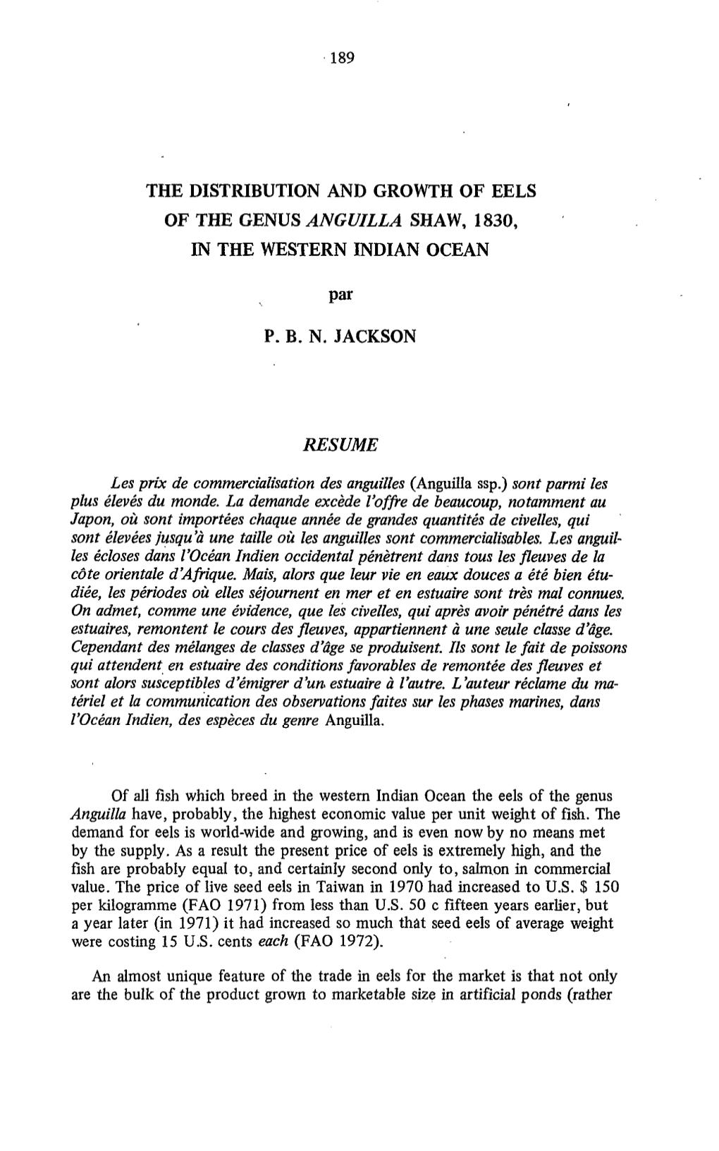 The Distribution and Growth of Eels of the Genus Anguilla Shaw, 1830, In