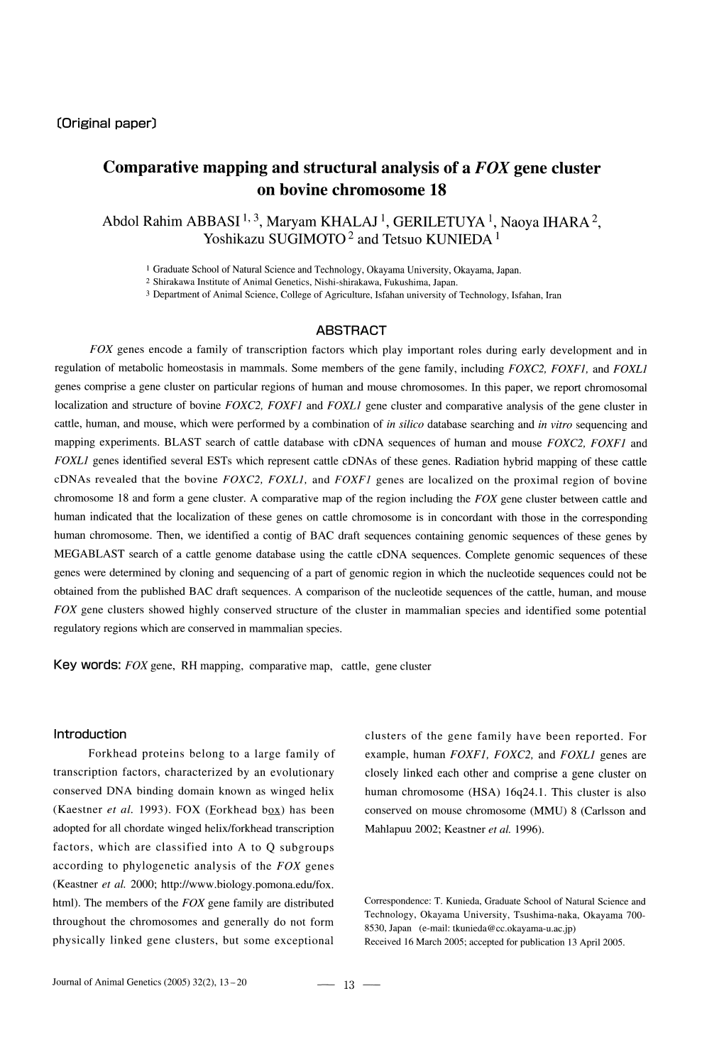 Comparative Mapping and Structural Analysis of a FOX Gene Cluster on Bovine Chromosome 18