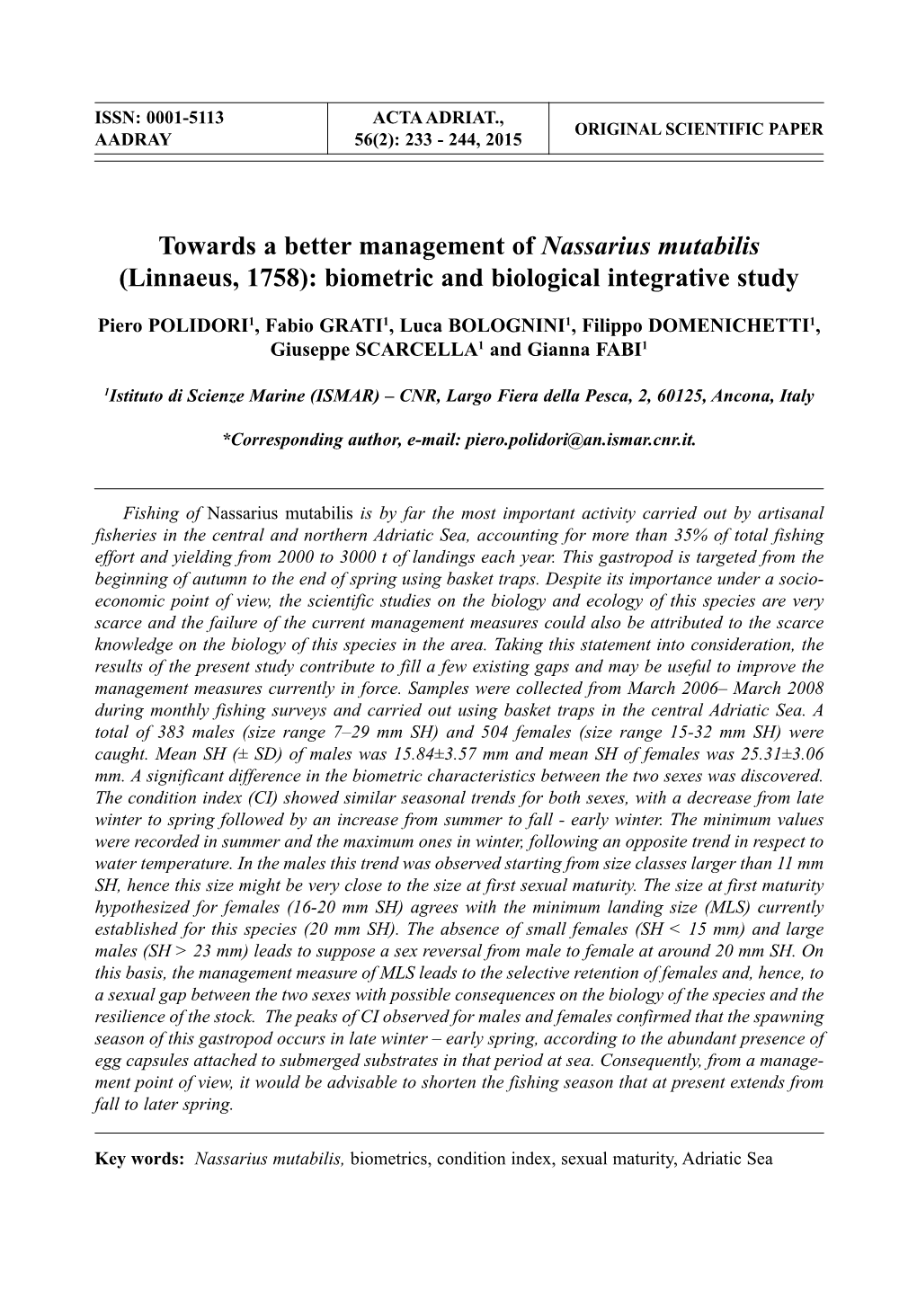 Towards a Better Management of Nassarius Mutabilis (Linnaeus, 1758): Biometric and Biological Integrative Study
