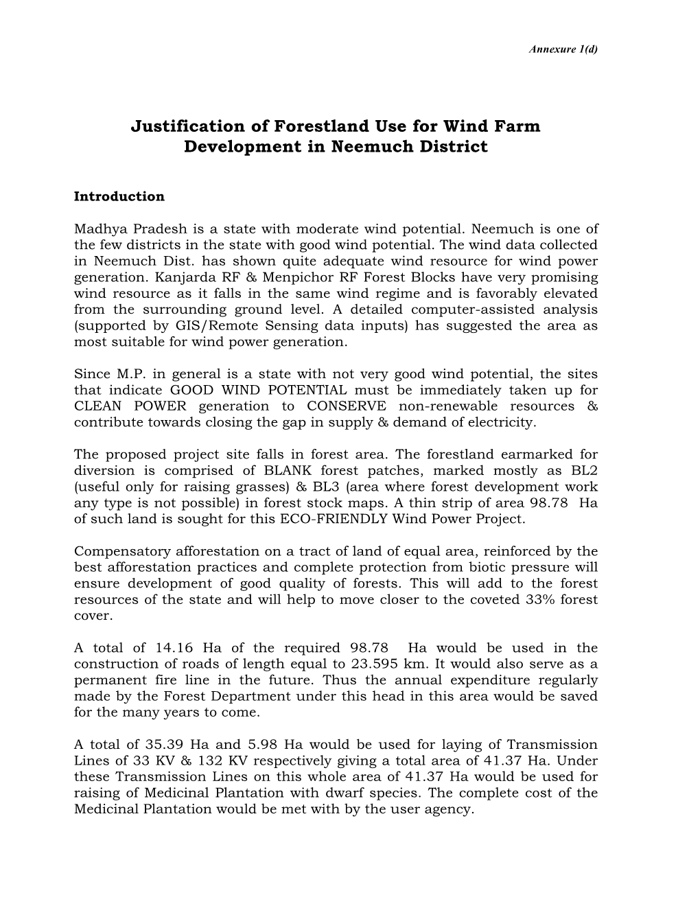 Justification of Forestland Use for Wind Farm Development in Neemuch District