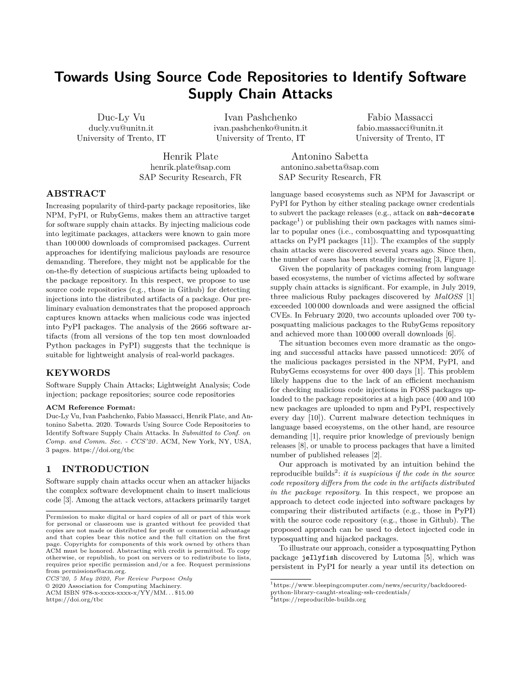 Towards Using Source Code Repositories to Identify Software Supply Chain Attacks