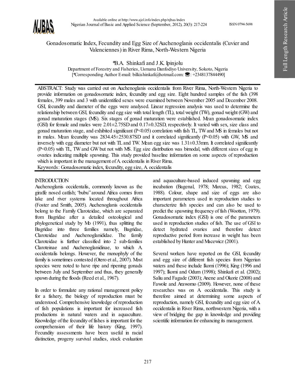 Gonadosomatic Index, Fecundity and Egg Size of Auchenoglanis Occidentalis (Cuvier and Valenciennes) in River Rima, North-Western Nigeria