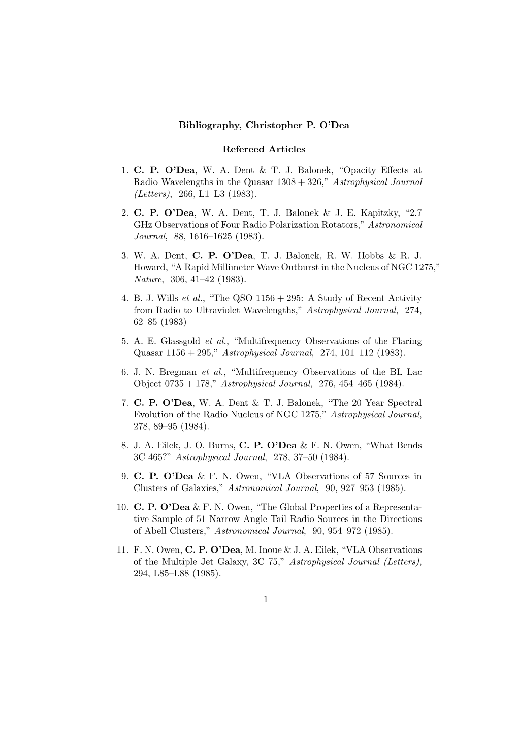 Bibliography, Christopher P. O'dea Refereed Articles 1. CP O'dea, WA