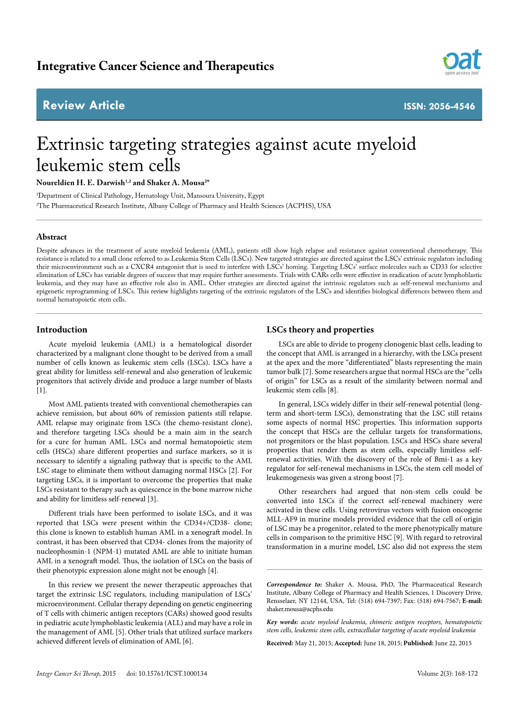 Extrinsic Targeting Strategies Against Acute Myeloid Leukemic Stem Cells Noureldien H